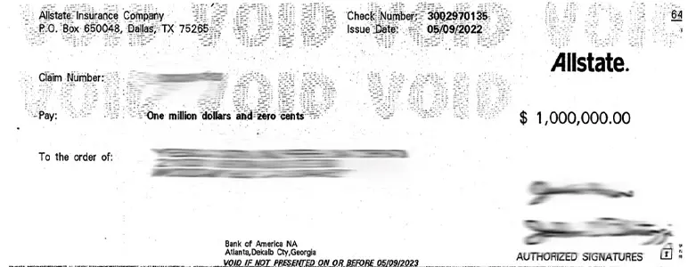 Client Settlement Check for $1,000,000.00