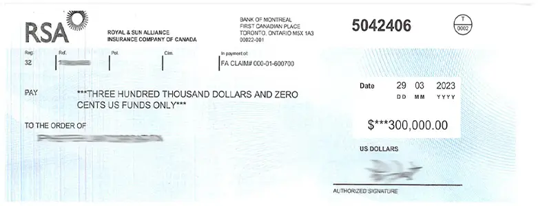 Client Settlement Check for $300,000.00