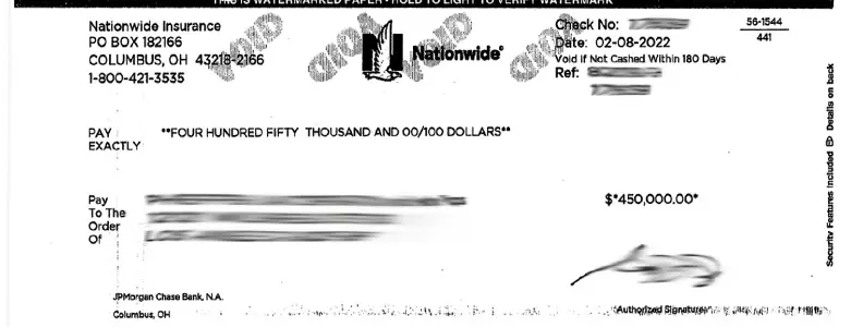 Client Settlement Check for $450,000.00