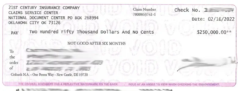 Client Settlement Check for $250,000.00