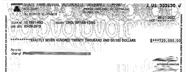 Client Settlement Check for $720,000.00