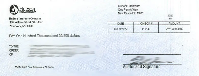 Client Settlement Check for $100,000.00