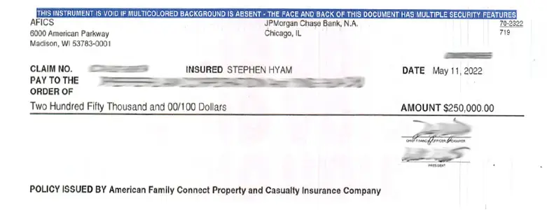 Client Settlement Check for $250,000.00