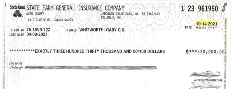 Client Settlement Check for $330,000.00