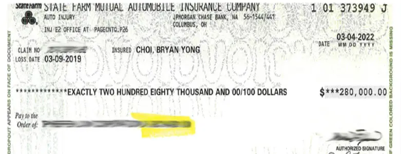 Client Settlement Check for $280,000.00