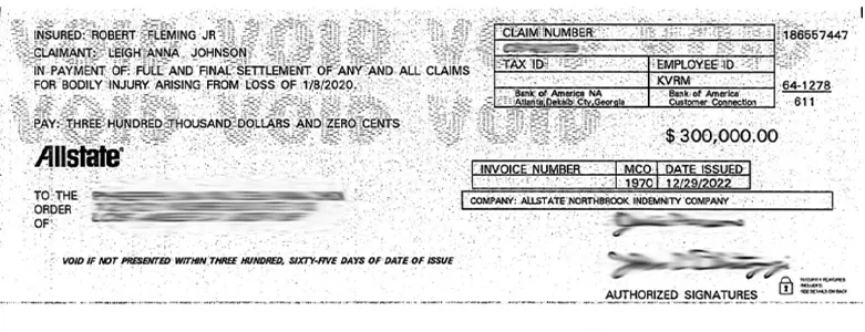 Client Settlement Check for $300,000.00