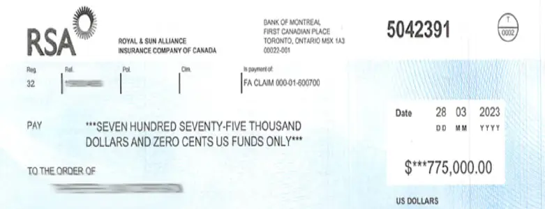Client Settlement Check for $775,000.00