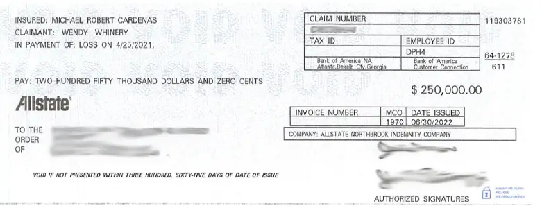 Client Settlement Check for $250,000.00