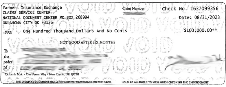 Client Settlement Check for $100,000.00