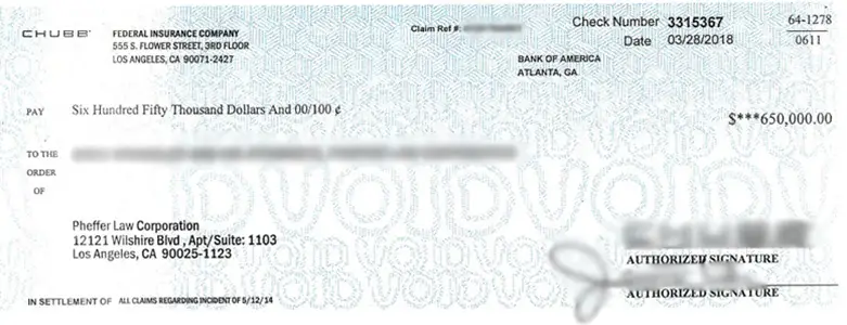 Client Settlement Check for $650,000.00