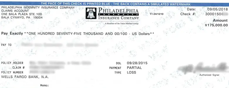 Client Settlement Check for $175,000.00