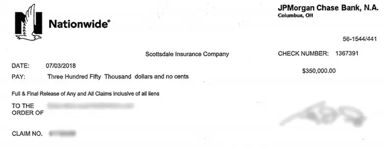 Client Settlement Check for $350,000.00