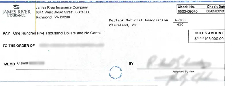 Client Settlement Check for $105,000.00