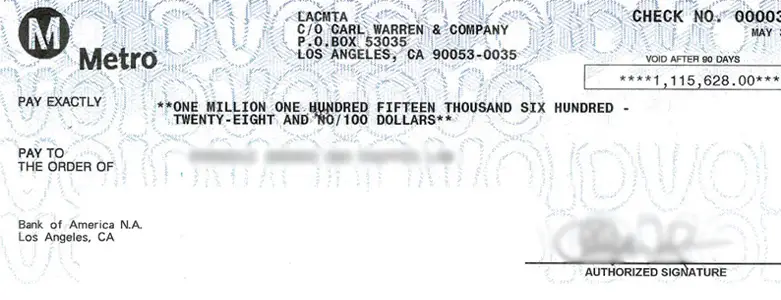 Client Settlement Check for $1,115,628.00