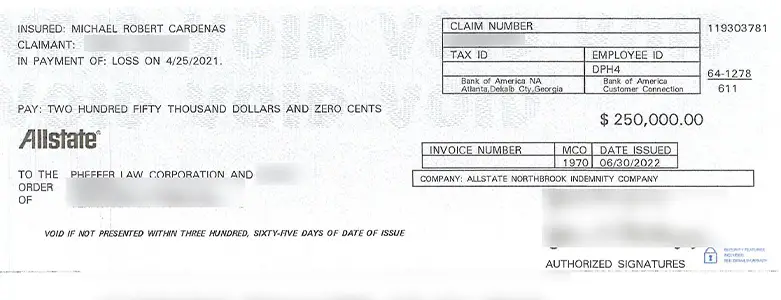 Client Settlement Check for $250,000.00