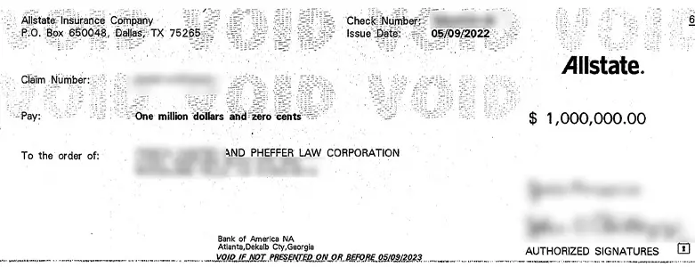 Client Settlement Check for $1,000,000.00