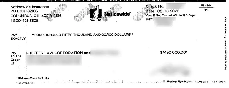Client Settlement Check for $450,000.00