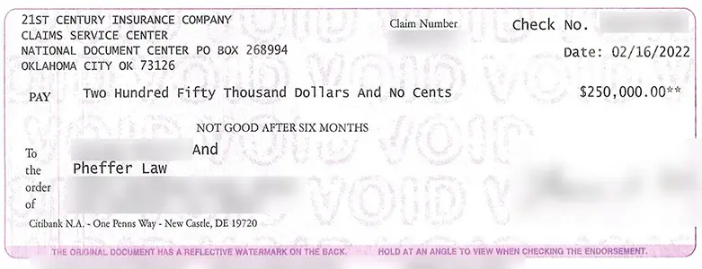 Client Settlement Check for $250,000.00