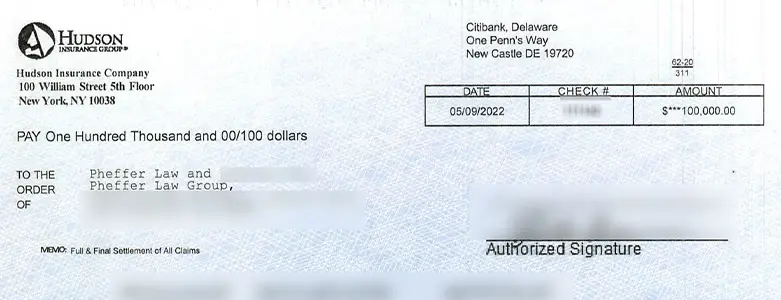 Client Settlement Check for $100,000.00