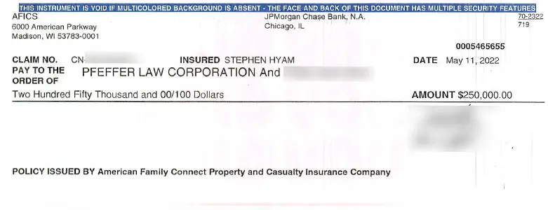 Client Settlement Check for $250,000.00