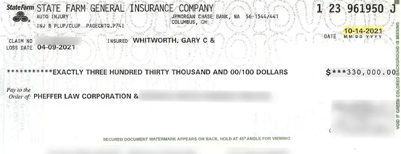 Client Settlement Check for $330,000.00
