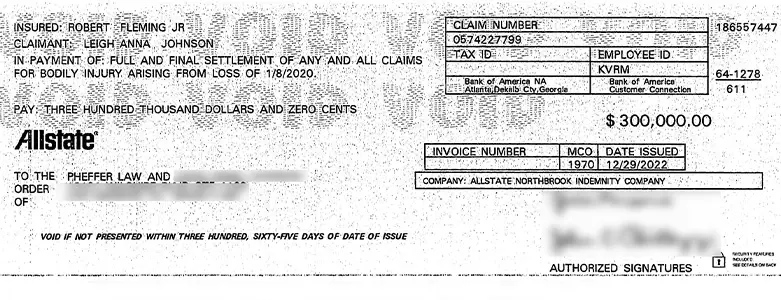 Client Settlement Check for $300,000.00