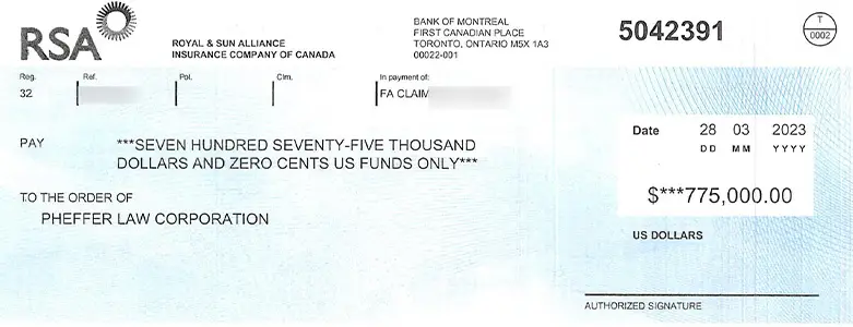 Client Settlement Check for $775,000.00