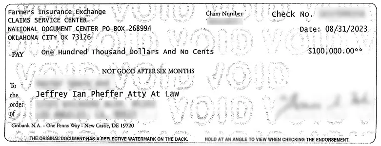 Client Settlement Check for $100,000.00