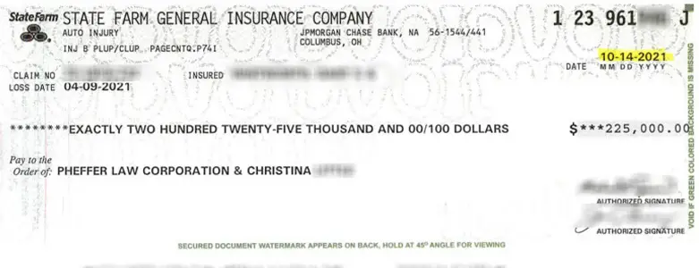 Client Settlement Check for $225,000.00
