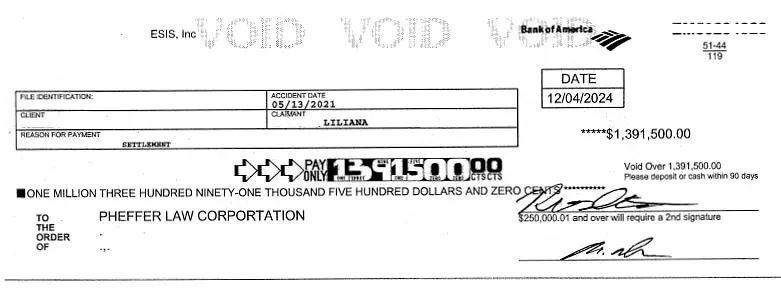 Client Settlement Check for $1,391,500.00