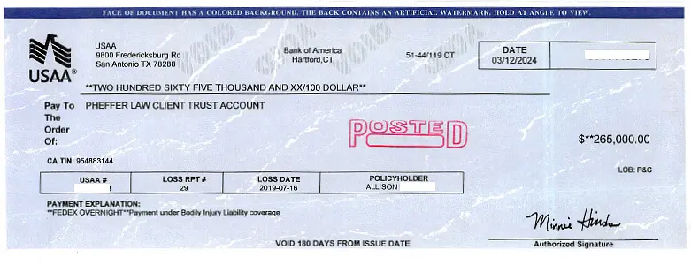 Client Settlement Check for $265,000.00