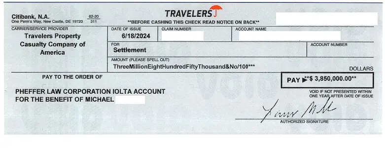 Client Settlement Check for $3,850,000.00