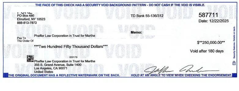 Client Settlement Check for $250,000.00