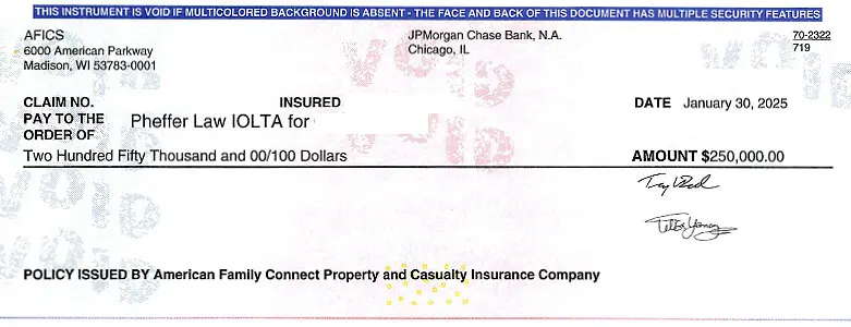 Client Settlement Check for $250,000.00