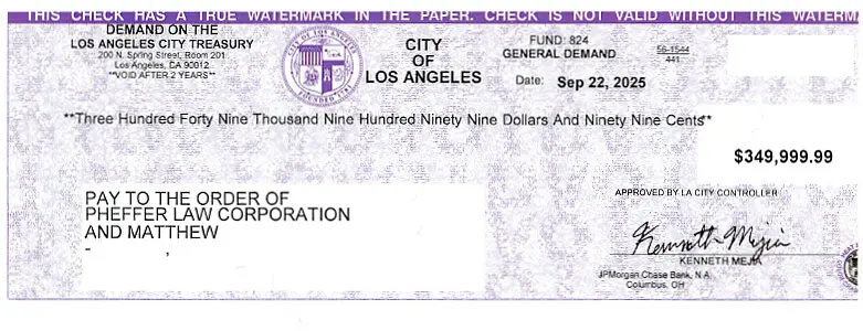 Client Settlement Check for $349,999.99